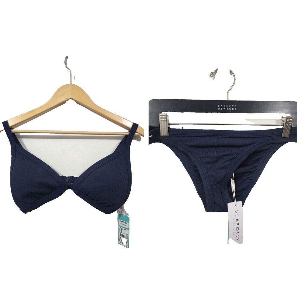 Seafolly Inka Rib Fixed Triangle Brazilian Bikini Set Indigo Navy Womens Size 10